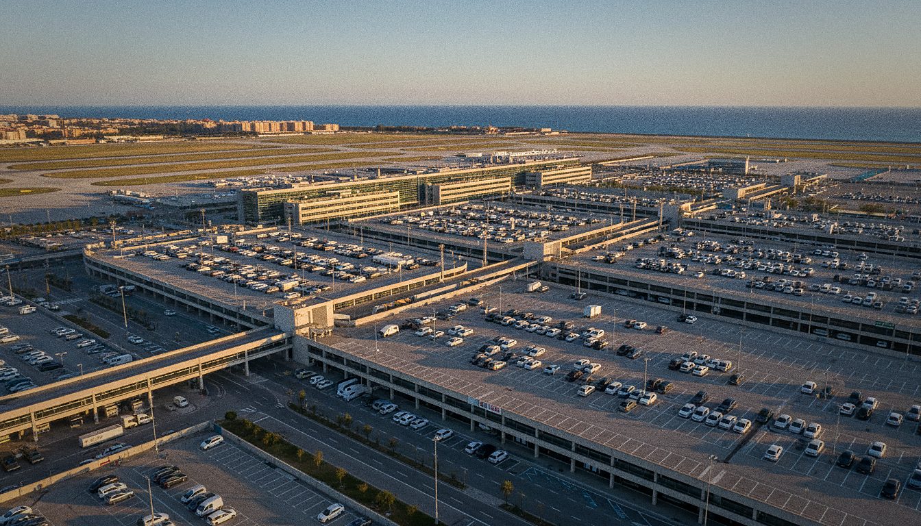 vue aérienne des parkings et des terminaux de l'aéroport de Barcelone-El Prat au petit matin, mer au fond